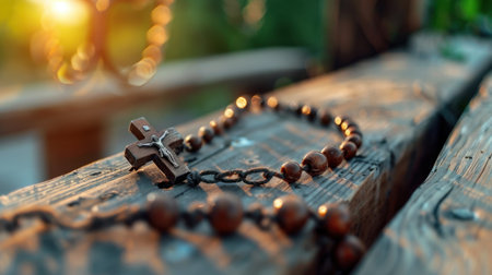 A close-up of wooden rosary beads and a cross resting on a rustic wooden surface, illuminated by soft sunlight, evokes a sense of spirituality and peace.の素材