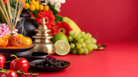 This vibrant arrangement showcases incense, colorful fruits, and fresh flowers, capturing the essence of celebration, spirituality, and tradition in a festive atmosphere.の素材
