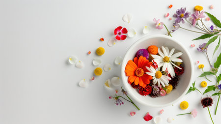 A captivating still life featuring a mix of vibrant flowers arranged beautifully in a white bowl, surrounded by scattered petals and leaves, evoking natural beauty.の素材