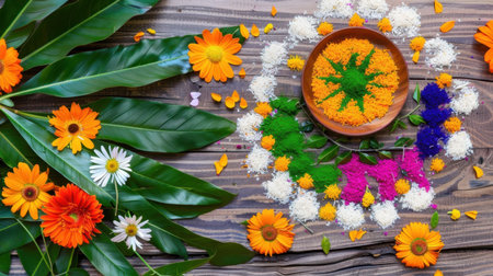 This captivating image features a vibrant arrangement of flowers and colorful powders on a rustic wooden table, perfect for festive occasions.の素材