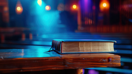 A beautifully bound book rests quietly on a rustic wooden table, illuminated by soft, dim light. The serene atmosphere invites reflection and contemplation.の素材