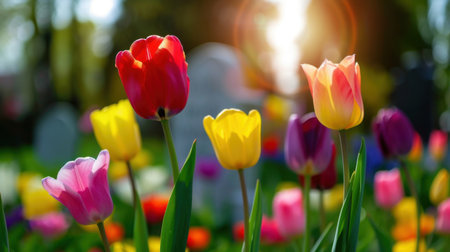 A stunning display of vibrant tulips in a lush garden during springtime, illuminated by soft sunlight, capturing the essence of natural beauty and tranquility.の素材