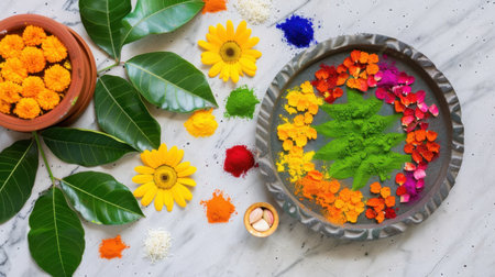 This captivating image features a colorful composition of natural powders and fresh flowers on a sleek marble surface, ideal for celebrating festivals.の素材
