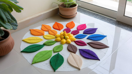 This vibrant arrangement features colorful leaves and fresh lemons on a round surface, creating an inviting and cheerful atmosphere in any bright interior setting.の素材