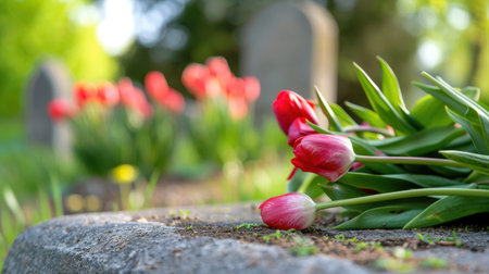 Bright red tulips lay gently on a stone grave marker amidst a serene cemetery, surrounded by greenery, evoking a sense of remembrance and peace.の素材