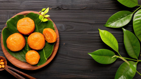 This image features a selection of traditional Asian desserts, presented beautifully on a wooden table with lush green leaves, showcasing vibrant colors and natural elements.の素材