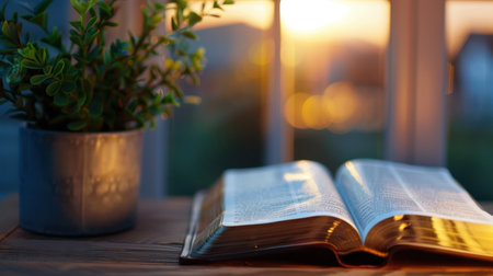 An open book rests on a wooden table, bathed in warm evening light from a nearby window, accompanied by a lush green plant, creating a serene atmosphere for reflection.の素材