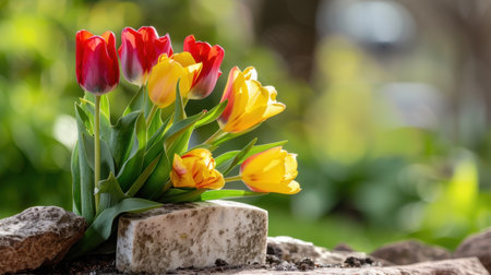 A stunning arrangement of vibrant red and yellow tulips set against a soft, blurred background of lush greenery, capturing the essence of springtime beauty.の素材