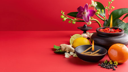 Experience a tranquil setup with aromatic elements including fresh citrus fruits, delicate flowers, and soothing candles, all set against a striking red background.の素材
