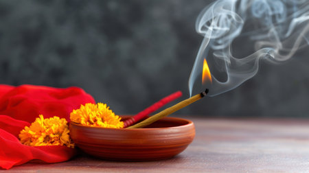 A serene composition featuring burning incense sticks with fragrant smoke, accompanied by vibrant flowers, creating a calming atmosphere for relaxation and meditation.の素材