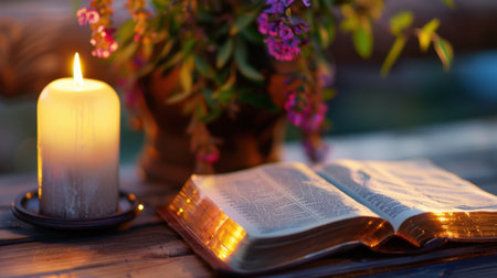 A serene outdoor scene featuring a softly glowing candle next to an open book surrounded by vibrant flowers, evoking feelings of peace and tranquility.の素材
