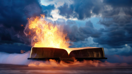 An open book bursts with flames, surrounded by swirling smoke against a dramatic twilight sky, evoking a sense of magic, knowledge, and transformation.の素材