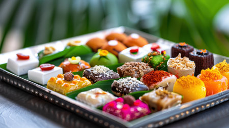 A vibrant assortment of traditional Indian sweets elegantly arranged on a decorative tray, surrounded by lush greenery, showcasing a variety of flavors and textures, perfect for festive occasions.の素材