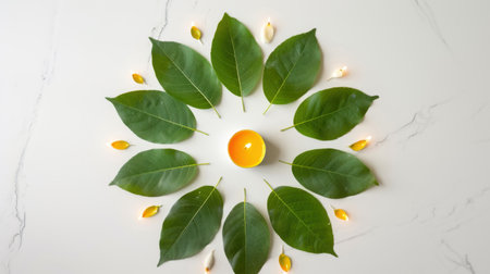 A serene circular arrangement featuring green leaves and a vibrant yellow candle on a marble surface, conveying tranquility and warmth for relaxation and meditation.の素材