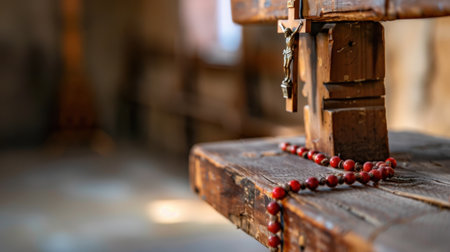 A beautifully detailed close-up of a wooden crucifix with rosary beads resting on a rustic table, illuminated by soft, natural light in a serene sanctuary space.の素材