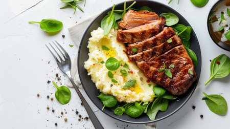 A mouthwatering presentation of grilled steak alongside creamy mashed potatoes and fresh spinach, perfect for a dinner setting or food photography showcase.の素材