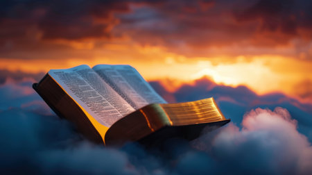An enchanting image of an open Bible resting on soft clouds, illuminated by the warm glow of a breathtaking sunset. This scene evokes deep spirituality and reflection.の素材