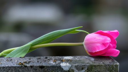 A delicate pink tulip leans gracefully on a stone surface, showcasing its soft petals and vibrant color. The natural light enhances its beauty, creating a serene atmosphere.の素材