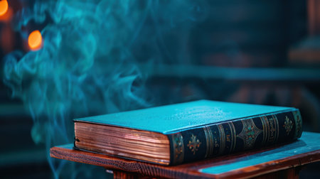 An enchanting old book rests on a wooden surface, surrounded by wisps of smoke and soft light, creating a mysterious and atmospheric scene perfect for storytelling.の素材