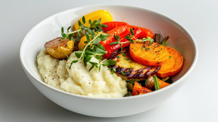 A beautifully arranged bowl featuring creamy mashed potatoes alongside a colorful medley of grilled vegetables, perfect for healthy diets and gourmet meals.の素材