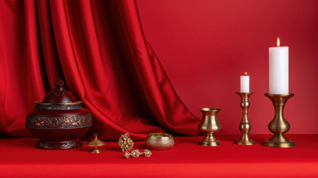 An exquisite display of antique decor items including candles, vases, and textiles set against a rich red background, creating a warm and inviting ambiance.の素材
