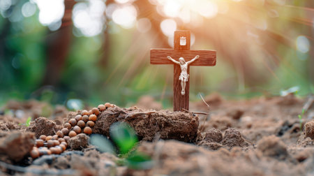 A serene wooden cross surrounded by soft earth and a rosary, illuminated by morning sunlight, symbolizing faith and deep spirituality in nature.の素材