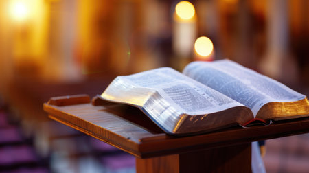 An open Holy Bible rests on a wooden podium, softly illuminated in a serene church environment, inviting reflection and spiritual exploration.の素材