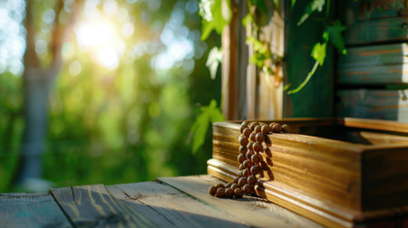A beautiful wooden box resting on a rustic table, accompanied by prayer beads. The soft natural light enhances the calming atmosphere surrounded by lush greenery.の素材