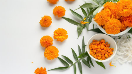 This image showcases a vibrant arrangement of orange marigolds accompanied by green leaves and white petals, ideal for floral designs or seasonal decor.の素材