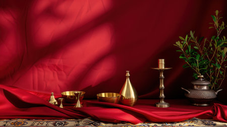 A stunning arrangement of traditional brass objects set against a rich red fabric, complemented by lush greenery and intricate textiles. The scene exudes elegance and cultural richness.の素材