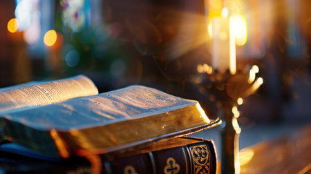 An evocative scene featuring an open Bible resting on a polished wooden table beside a flickering candle. The warm ambient light creates a serene atmosphere perfect for reflection and devotion.の素材