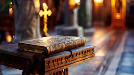 A stunning leather bound Bible rests on an intricately carved wooden stand within a softly lit church interior, inviting quiet reflection and spiritual connection.の素材
