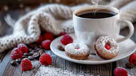 An inviting scene featuring a steaming cup of coffee beside sweet cookies and fresh raspberries on a rustic wooden table, perfect for cozy moments.の素材