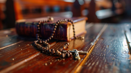A close-up view of a wooden table featuring an open Bible and rosary beads, capturing the essence of faith and tranquility in a serene environment.の素材