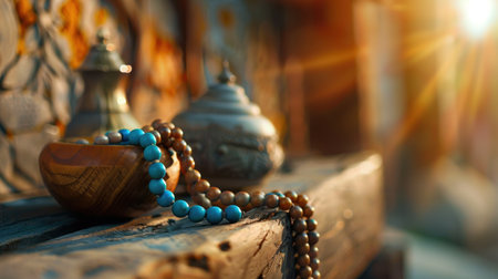 Discover a peaceful still life featuring a wooden bowl adorned with a beaded necklace, set against a warm backdrop and gentle light, evoking tranquility.の素材