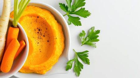 This image features a bowl of creamy pumpkin puree complemented by fresh carrots and sprigs of green parsley, ideal for healthy cooking and recipes.の素材