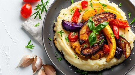 A visually appealing dish featuring colorful roasted vegetables served on a bed of creamy mashed potatoes, garnished with fresh herbs and garlic, perfect for a healthy meal.の素材