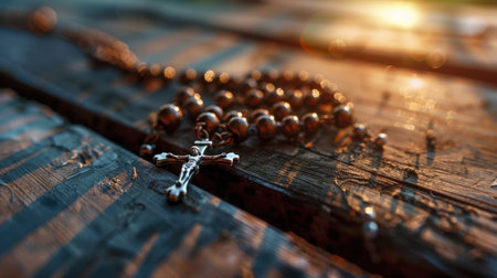 A stunning close-up of rosary beads featuring a cross, resting on a weathered wooden surface illuminated by warm sunset light, evoking spirituality.の素材