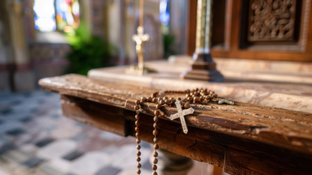 An intimate view of a wooden altar adorned with rosary beads and crosses, capturing a serene atmosphere within a church, illuminated by natural light.の素材