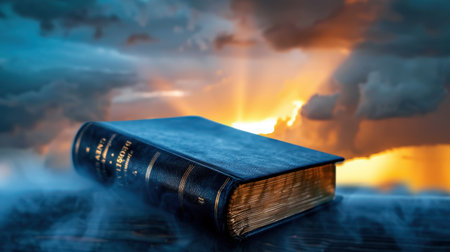 An open book with a blue leather cover rests against a stunning sunrise backdrop, creating a serene and inspiring scene that evokes imagination and tranquility.の素材