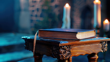 An antique leather-bound book rests on a beautifully carved wooden table, illuminated by the soft glow of candles, creating an inviting and tranquil ambiance.の素材