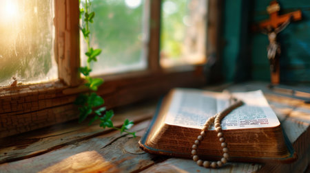 A serene scene featuring an open Bible illuminated by warm sunlight streaming through a vintage window, accompanied by a rosary and a cross, evoking feelings of faith.の素材