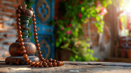 This image features an ornate wooden prayer stand with round beads resting on a rustic table, surrounded by lush greenery and warm lighting.の素材
