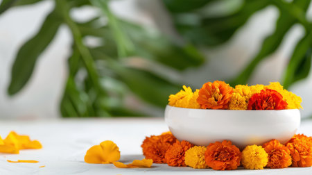 A serene arrangement featuring vibrant marigold flowers in a white bowl, enhanced by lush green leaves, creating a calm and elegant atmosphere.の素材