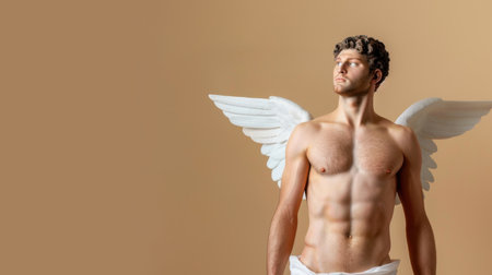 A striking male figure with white wings poses against a soft, earthy background, embodying elegance and strength in a serene artistic expression.の素材