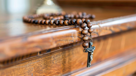 A beautifully crafted wooden rosary with beads and a cross rests gently on a polished brown wooden surface, reflecting serenity and faith.の素材