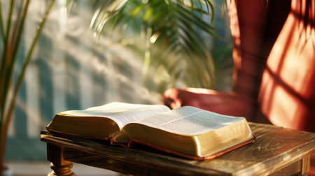 A beautifully illuminated open Bible rests on a wooden table, surrounded by soft sunlight and green plants, creating a serene and inviting reading space.の素材