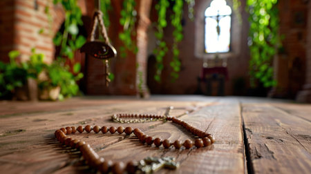 A scenic view of wooden prayer beads resting on a rustic floor, surrounded by natural light and lush greenery, creating a tranquil religious atmosphere.の素材
