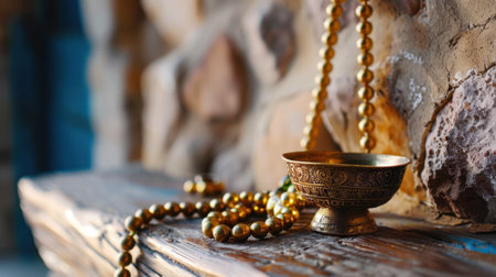 A captivating close-up of an antique decorative bowl paired with a golden beaded necklace, beautifully styled on a rustic wooden surface surrounded by stone.の素材