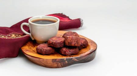 A beautifully arranged scene featuring freshly baked cookies on a rustic wooden plate beside a steaming cup of coffee, accented by a red cloth.の素材